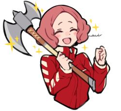Rule 34 | 1girl, :d, ^ ^, artist name, axe, blush, brown hair, closed eyes, do m kaeru, okumura haru, open mouth, persona, persona 5, simple background, smile, solo, sparkle, track suit, upper body, white background