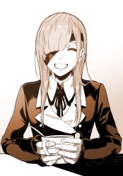 Rule 34 | 1girl, brown hair, closed eyes, collared shirt, cup, eyepatch, facing viewer, fate/grand order, fate (series), gradient background, hair over one eye, highres, holding, holding cup, kofunami nana, long hair, long sleeves, muted color, open mouth, ophelia phamrsolone, shadow, shirt, smile, solo