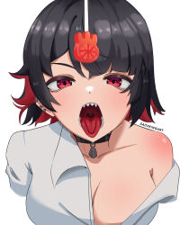 black_hair breasts choker cleavage ellen_joe food multicolored_hair open_mouth popsicle red_eyes red_hair sadxkingart shark_girl sharp_teeth short_hair teeth tongue tongue_out two-tone_hair uvula zenless_zone_zero