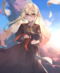 Rule 34 | 1girl, ahoge, akatsuki yami, alchemy stars, black shirt, black skirt, blush, book, braid, brooch, cloud, english text, floating hair, glasses, grey hair, hair between eyes, hair ornament, hairclip, high-waist skirt, highres, holding, holding book, jewelry, long hair, looking at viewer, motion blur, official alternate costume, outdoors, paper, parted lips, red eyes, shirt, skirt, solo, twin braids, uriel (alchemy stars), window