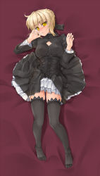 Rule 34 | 00s, 1girl, alternate breast size, artoria pendragon (all), artoria pendragon (fate), blonde hair, blush, corset, dress, fate/hollow ataraxia, fate/stay night, fate/unlimited codes, fate (series), feet, gothic lolita, highres, lolita fashion, lying, official alternate costume, potion (moudamepo), saber (fate), saber alter, short hair, solo, thighhighs, yellow eyes