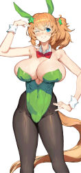 Rule 34 | 1girl, absurdres, animal ears, bare shoulders, blue eyes, bow, breasts, brown hair, codename47, detached collar, hand on own hip, highres, horse ears, horse girl, huge breasts, leotard, long hair, one eye closed, pantyhose, playboy bunny, ponytail, solo, strapless, strapless leotard, taiki shuttle (umamusume), umamusume, very long hair, wrist cuffs