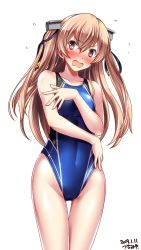 Rule 34 | 1girl, blue one-piece swimsuit, blush, breasts, collarbone, commentary request, competition swimsuit, covering privates, covering breasts, embarrassed, gluteal fold, hair between eyes, hair ornament, hair ribbon, hand on own hip, headgear, highleg, highres, johnston (kancolle), kantai collection, light brown hair, long hair, looking at viewer, navel, one-piece swimsuit, open mouth, red eyes, ribbon, simple background, small breasts, solo, standing, sweat, sweatdrop, swimsuit, tsuchimiya, twintails, two side up, white background
