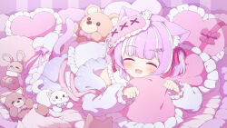 Rule 34 | 1girl, :3, animal ears, cat ears, cat girl, cat tail, closed eyes, commentary, commission, facing viewer, frilled pillow, frills, heart, heart-shaped pillow, highres, on bed, open mouth, original, paw pose, pillow, pink hair, skeb commission, sleep mask, sleepwear, smile, solo, stuffed animal, stuffed toy, tail, teddy bear, tyakomes, variant set