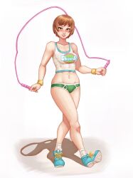 Rule 34 | 1girl, bare shoulders, blush, boyshort panties, breasts, brown eyes, brown hair, clothes writing, collarbone, eyelashes, flying sweatdrops, highres, holding jump rope, jump rope, l0ngsword, lips, looking at viewer, medium breasts, navel, parted lips, persona, persona 4, satonaka chie, shadow, shoes, short hair, simple background, small breasts, smile, sportswear, stomach, sweat, tank top, tomboy, walking, white background