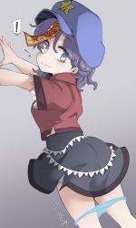 Rule 34 | !, 1girl, arrow (symbol), ass, black skirt, blue eyes, blue hat, blue panties, blush, breasts, cabbie hat, commentary request, feet out of frame, gradient background, grey background, hat, hat ornament, highres, jiangshi, lace-trimmed sleeves, lace trim, looking at viewer, looking back, medium breasts, miyako yoshika, ofuda, outstretched arms, panties, panty pull, purple hair, red shirt, shika miso, shirt, short hair, short sleeves, skirt, solo, spoken exclamation mark, star (symbol), star hat ornament, touhou, underwear, wavy mouth, zombie pose