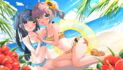 Rule 34 | 2girls, :d, absurdres, ahoge, aqua eyes, arched back, barefoot, beach, bikini, black hair, blue-tinted eyewear, blue bikini, blunt bangs, blush, breasts, brown hair, character request, chipmunk, collarbone, copyright request, day, dutch angle, eyewear on head, feet, floral print, flower, frilled bikini, frills, full body, hair flower, hair ornament, highres, holding hands, hololive, legs, long hair, looking at viewer, medium hair, multiple girls, natsuiro matsuri, natsuiro matsuri (hololive summer 2019), navel, official alternate costume, on ground, one-piece tan, one side up, open mouth, outdoors, palm tree, pink-tinted eyewear, pink eyes, print bikini, red flower, sidelocks, sitting, small breasts, smile, squirrel, starfish, stomach, sunflower, sunflower hair ornament, swimsuit, tan, tanline, teeth, thighs, tinted eyewear, toes, tree, twitter username, upper teeth only, virtual youtuber, yellow bikini, yoshie eneko
