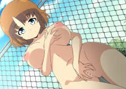 Rule 34 | 1girl, alternate breast size, assault lily, bar censor, blue eyes, blue sky, breasts, breasts apart, brown hair, censored, chain-link fence, cleft of venus, closed mouth, cloud, commentary request, completely nude, cowboy shot, day, dutch angle, fence, from below, futagawa fumi, gluteal fold, grabbing own breast, hand on own crotch, hand up, highres, inverted nipples, large breasts, long hair, looking at viewer, looking down, naruse mai, nipples, nude, outdoors, puffy nipples, pussy, sky, smile, solo, split mouth, standing, thigh gap