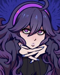 Rule 34 | 1girl, @ @, ahoge, akairiot, blue background, blue nails, creatures (company), dress, game freak, hair between eyes, hairband, hex maniac (pokemon), highres, lips, long hair, long sleeves, looking at viewer, messy hair, nail polish, nintendo, parted lips, pokemon, pokemon xy, purple dress, purple eyes, purple hair, purple lips, solo, thick lips, turtleneck, upper body