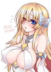 Rule 34 | 1girl, :o, bare shoulders, blonde hair, blue bow, blue eyes, blush, bow, breasts, character name, character request, cleavage, copyright name, covered erect nipples, elf, flower, flying sweatdrops, hair bow, hair flower, hair ornament, heterochromia, large breasts, long hair, looking at viewer, looking to the side, nose blush, open mouth, orange eyes, original, phantasy star, phantasy star online 2, pointy ears, revealing clothes, rose, sidelocks, simple background, solo, suzuneko (yume no kyoukai), upper body, white background, white flower, white rose