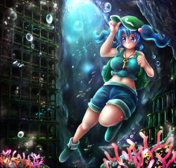 Rule 34 | 1girl, :o, alternate costume, architecture, backpack, bag, bare shoulders, blue eyes, blue hair, boots, breasts, bubble, column, coral reef, denim, denim shorts, fish, floating hair, hair bobbles, hair ornament, hand on headwear, hat, kawashiro nitori, key, landscape, large breasts, light rays, matching hair/eyes, midriff, nature, navel, pillar, rubber boots, satoji (ochanomkmskry), scenery, short hair, shorts, solo, submerged, sunbeam, sunlight, swimming, tank top, touhou, two side up, underwater, wet, wet clothes