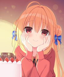 Rule 34 | 1girl, ahoge, birthday cake, blonde hair, blue bow, blush, bow, cake, candle, casual, closed mouth, commentary request, double bun, eyelashes, eyes visible through hair, fingernails, food, fruit, hair between eyes, hair bow, hair bun, hair intakes, hamidashi creative, hands on own cheeks, hands on own face, happy, happy birthday, head rest, highres, izumi hiyori, lips, long hair, long sleeves, looking at viewer, orange background, red eyes, red sweater, sidelocks, simple background, smile, solo, straight-on, straight hair, strawberry, sweater, two-tone background, two side up, upper body, utsunomiya tsumire, yellow background