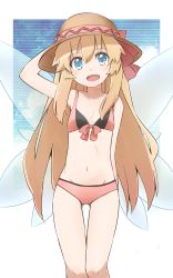 Rule 34 | 1girl, :d, bare shoulders, bikini, blonde hair, blue eyes, blush, bow, breasts, cleavage, collarbone, commentary request, fairy wings, hand on headwear, hat, hat ribbon, highres, lily white, long hair, navel, open mouth, ribbon, small breasts, smile, solo, swimsuit, touhou, very long hair, wings, yutamaro