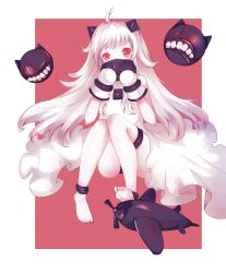 Rule 34 | 10s, 1girl, abyssal ship, ahoge, barefoot, colored skin, covered mouth, dress, head tilt, highres, horns, kantai collection, long hair, looking at viewer, mittens, northern ocean princess, orange eyes, sitting, solo, white dress, white hair, white skin, yibou ling