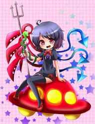 Rule 34 | 1girl, ahoge, asymmetrical wings, black hair, black thighhighs, bow, chibi, highres, houjuu nue, jiro-min, mary janes, nail polish, open mouth, pink background, polearm, red eyes, shoes, smile, snake, star (symbol), starry background, thighhighs, tongue, touhou, trident, ufo, weapon, wings