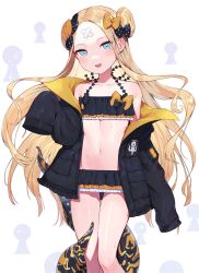 Rule 34 | 1girl, :d, abigail williams (emerald float) (fate), abigail williams (fate), absurdres, bandaid, bandaid on face, bare shoulders, bikini, black bikini, blue eyes, blush, double bun, fate/grand order, fate (series), flat chest, hair bun, highres, jacket, long hair, looking at viewer, navel, official alternate costume, open mouth, shibainu, smile, solo, sweat, swimsuit, tentacles