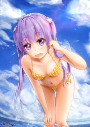 Rule 34 | 1girl, :d, bent over, bikini, blush, breasts, cloud, collarbone, day, gluteal fold, hand on own knee, light purple hair, lingerie (aki3240), long hair, looking at viewer, navel, new game!, open mouth, outdoors, purple eyes, side-tie bikini bottom, sky, small breasts, smile, solo, sparkle, sunlight, suzukaze aoba, swimsuit, twintails, twitter username, very long hair, water drop