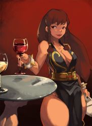 Rule 34 | 1girl, alcohol, alternate hair length, alternate hairstyle, bare shoulders, black dress, bracelet, braid, breasts, brown eyes, brown hair, capcom, china dress, chinese clothes, chun-li, cleavage, cup, curvy, dress, drinking glass, envelope, highres, jewelry, lips, long hair, no bra, official alternate costume, pelvic curtain, side braid, smile, solo, spiked bracelet, spikes, street fighter, street fighter v, thick thighs, thighs, tray, twin braids, vins-mousseux, wide hips, wine, wine glass