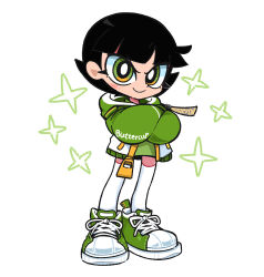 Rule 34 | &gt;:), 1girl, black hair, blunt bangs, blush, buttercup (ppg), character name, commentary, dress, english commentary, green dress, green eyes, green footwear, green hoodie, highres, hood, hoodie, kim crab, looking at viewer, powerpuff girls, shoes, short bangs, short dress, short hair, simple background, smile, sneakers, solo, sparkle, standing, thighhighs, v-shaped eyebrows, very big eyes, white background, white thighhighs, zettai ryouiki