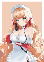 Rule 34 | 1girl, absurdres, alternate costume, apron, azur lane, black gloves, blonde hair, breasts, cleavage, cowboy shot, detached collar, detached sleeves, dress, enmaided, frilled apron, frilled hairband, frills, gloves, green eyes, hairband, headdress, highres, howe (azur lane), howe (pastry princess) (azur lane), large breasts, looking at viewer, maid, maid apron, maid headdress, official alternate costume, qingshanmoying, red dress, red sleeves, solo, waist apron, white apron