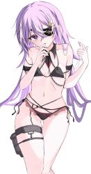 Rule 34 | 1girl, armband, bare shoulders, bikini, black bikini, chain, chevreuse (genshin impact), commentary request, feet out of frame, fugashi (funyaunya), genshin impact, hands up, head tilt, highres, long hair, looking at viewer, navel, no headwear, pouch, purple eyes, purple hair, simple background, solo, stomach, swimsuit, thigh pouch, thigh strap, thighs, very long hair, white background