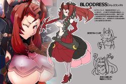 Rule 34 | 1girl, bloodress (t.a.k.), breasts, character name, elbow gloves, gloves, hand on own hip, high heels, large breasts, long hair, looking at viewer, one eye closed, original, red eyes, red hair, smile, solo, t.a.k., translation request, underboob