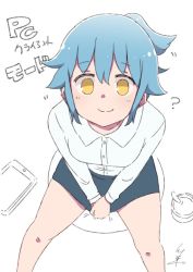 Rule 34 | 1girl, ?, blue hair, buttons, cellphone, collared shirt, from above, looking at viewer, looking up, personification, phone, ponytail, shirt, signature, sitting, smartphone, smile, solo, tsukigi, twitter, white background, white shirt, yellow eyes