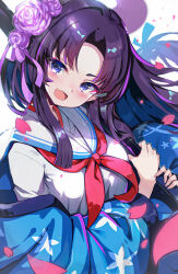 Rule 34 | 1girl, blue archive, blush, breasts, eyeshadow, fang, flower, gun, hair flower, hair ornament, halo, haori, highres, holding, holding gun, holding weapon, japanese clothes, long hair, long sleeves, makeup, medium breasts, neckerchief, omochishiki, open mouth, petals, pink eyeshadow, purple eyes, purple flower, purple hair, purple halo, red neckerchief, sailor collar, school uniform, serafuku, simple background, skin fang, smile, solo, upper body, weapon, white background, white sailor collar, wide sleeves, yukari (blue archive)