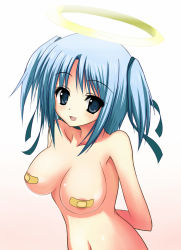 Rule 34 | 00s, 1girl, angel, bandaid, bandaids on nipples, blue eyes, blue hair, bokusatsu tenshi dokuro-chan, breasts, halo, highres, large breasts, matching hair/eyes, mitsukai dokuro, pasties, solo, suimii, topless, twintails, two side up