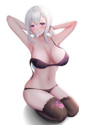 Rule 34 | 1girl, absurdres, armpits, arms behind head, artist request, bare shoulders, black bra, black panties, black thighhighs, blush, bra, breasts, closed mouth, collarbone, esme kingsleigh, floral print, full body, hair between eyes, hands up, highres, large breasts, long hair, looking at viewer, metanoia live, mole, mole on breast, navel, non-web source, panties, print bra, print panties, print thighhighs, purple eyes, simple background, smile, solo, source request, strap slip, thighhighs, underwear, underwear only, virtual youtuber, white background, white hair