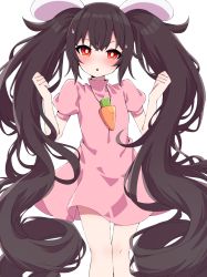 Rule 34 | 1girl, alternate hair length, alternate hairstyle, animal ears, black hair, blush, bright pupils, carrot necklace, clenched hands, commentary request, dress, highres, inaba tewi, long hair, looking at viewer, necklace, pink dress, puffy short sleeves, puffy sleeves, rabbit ears, red eyes, short dress, short sleeves, simple background, solo, standing, touhou, triangle mouth, tsukimirin, twintails, very long hair, white background