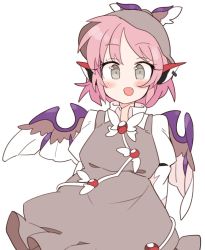 Rule 34 | 1girl, animal ears, arms behind back, bird ears, bird wings, blush, brown dress, brown hat, dress, earrings, fang, grey eyes, hat, ini (inunabe00), jewelry, long sleeves, mystia lorelei, open mouth, pink hair, short hair, simple background, single earring, skin fang, smile, solo, touhou, upper body, white background, white wings, winged hat, wings