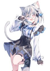 1girl absurdres animal_ear_fluff animal_ears black_choker black_gloves black_skirt blue_bow blue_bowtie blue_ribbon bow bowtie breasts cat_ears cat_girl cat_o-ring cat_slippers cat_tail choker fingerless_gloves glasses gloves grey_footwear grey_hair hair_ribbon highres hololive hololive_indonesia long_sleeves o-ring o-ring_thigh_strap official_alternate_costume one_eye_closed open_mouth pota_ken ribbon round_eyewear shirt short_hair skirt solo suspender_skirt suspenders tail thigh_strap v vestia_zeta vestia_zeta_(jirai_kei) virtual_youtuber white_shirt