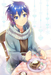 Rule 34 | 1boy, birthday, blue hair, blue shirt, blush, cake, cardigan, casual, chair, chocolate, closed mouth, collared shirt, cream, cup, fingernails, food, fork, hair between eyes, hair ornament, hairclip, heart, holding, holding fork, hot chocolate, kaito (vocaloid), kikuchi mataha, long sleeves, looking at viewer, macaron, male focus, plaid, plaid shirt, plate, scarf, shirt, sitting, sleeves past wrists, smile, solo, sparkle, sweets, tablecloth, upper body, valentine, vocaloid, white background, wrist extended