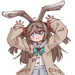 Rule 34 | 1girl, ahoge, animal ears, arms up, blouse, blue eyes, blush, bow, bowtie, brown cardigan, brown hair, c:, cardigan, chinese commentary, commentary, english commentary, green bow, green bowtie, grey sailor collar, grey skirt, hair between eyes, hair bow, indie virtual youtuber, long hair, long sleeves, mixed-language commentary, neuro-sama, pleated skirt, rabbit ears, red bow, rune (dualhart), sailor collar, school uniform, serafuku, shirt, skirt, smile, split mouth, transparent background, two side up, virtual youtuber, white serafuku