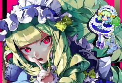 Rule 34 | 1girl, alice (housamo), black border, black dress, blue eyes, blunt bangs, blush, border, bow, close-up, dress, drill hair, finger to mouth, frilled dress, frills, green hair, hairband, hand to own mouth, highres, kazanniro, lolita fashion, lolita hairband, long hair, looking at viewer, multiple views, open mouth, outline, pink background, red eyes, ringlets, shushing, signature, smile, stuffed animal, stuffed toy, tokyo houkago summoners, white outline, yellow bow