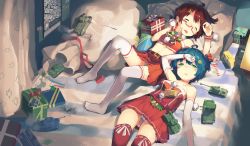 Rule 34 | alarm clock, bag, bandeau, bare shoulders, bed, bell, blue hair, brown hair, candy, candy cane, clock, closed eyes, curtains, detached collar, dress, elbow gloves, food, gift, glasses, gloves, green eyes, hair bobbles, hair ornament, hairclip, half-closed eyes, highres, lying, m4 sherman, map, midriff, military, military vehicle, motor vehicle, no shoes, on back, open mouth, original, pencil, pillow, pleated skirt, red dress, semi-rimless eyewear, skirt, strapless, strapless dress, tank, thighhighs, under-rim eyewear, white gloves, wristband, zhongye yu