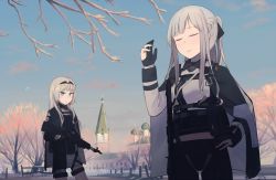 Rule 34 | 2girls, ak-12 (girls&#039; frontline), an-94 (girls&#039; frontline), assault rifle, black gloves, blue eyes, blue sky, braid, branch, building, cape, closed eyes, closed mouth, commentary request, fence, french braid, girls&#039; frontline, gloves, gun, hair ribbon, hand on own hip, hand up, headband, highres, hinami047, holding, holding gun, holding weapon, long hair, looking at another, multiple girls, outdoors, partially fingerless gloves, platinum blonde hair, ribbon, rifle, sidelocks, silver hair, sky, smile, tactical clothes, tree, weapon