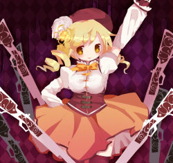 Rule 34 | 10s, 1girl, bad id, bad pixiv id, beret, blonde hair, breasts, detached sleeves, drill hair, gun, hair ornament, hand on own hip, hat, hip focus, large breasts, magical girl, magical musket, mahou shoujo madoka magica, mahou shoujo madoka magica (anime), pleated skirt, rifle, skirt, solo, thighhighs, tomoe mami, usamimi (pixiv352224), weapon, yellow eyes