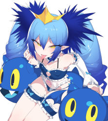 Rule 34 | 1girl, bare shoulders, blue hair, blue nails, blue panties, blush, bombergirl, breasts, bridal garter, commentary, detached sleeves, drill hair, fang, frills, hair between eyes, harau, headpiece, heart, heart tattoo, highres, lewisia aquablue, long hair, long sleeves, nail polish, open mouth, panties, pubic tattoo, see-through, simple background, small breasts, solo, tank top, tattoo, tongue, tongue out, twin drills, underwear, white background, yellow eyes