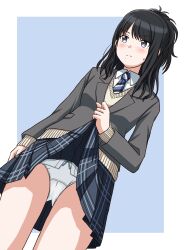 Rule 34 | 1girl, black hair, blazer, blue background, blue necktie, blue skirt, blush, bow, bow panties, closed mouth, clothes lift, commentary request, crotch seam, dress shirt, dutch angle, folded ponytail, frown, grey jacket, highres, idolmaster, idolmaster shiny colors, jacket, kazano hiori, lielos, lifting own clothes, long sleeves, medium hair, miniskirt, mole, mole under mouth, necktie, panties, partial commentary, pleated skirt, school uniform, shirt, skirt, skirt lift, solo, standing, sweatdrop, sweater, underwear, v-neck, white panties, white shirt, wing collar, yellow sweater
