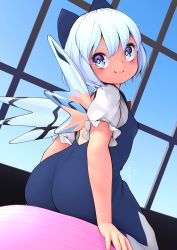 Rule 34 | 1girl, aqua eyes, ass, backless dress, backless outfit, ball, blue dress, blue hair, blush, breasts, cirno, dress, exercise ball, from behind, hair between eyes, hair ribbon, highres, huxiao (mistlakefront), ice, ice wings, light blue hair, looking at viewer, looking back, medium hair, puffy sleeves, ribbon, see-through, shirt, sidelocks, signature, sitting on ball, sky, small breasts, smile, solo, touhou, white shirt, window, wings