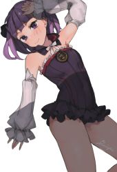 Rule 34 | 1girl, bare shoulders, blush, detached collar, detached sleeves, fate/grand order, fate (series), frills, helena blavatsky (fate), jewelry, looking at viewer, pendant, purple eyes, purple hair, short hair, signature, smile, solo, strapless, uni (melm)