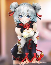 Rule 34 | 1girl, bad id, bad pixiv id, bare shoulders, blue eyes, blurry, blurry background, blush, breasts, chinese clothes, cleavage, double bun, gimnang, grin, hair between eyes, hair bun, hair ornament, highres, honkai (series), honkai impact 3rd, looking at viewer, small breasts, smile, solo, table, theresa apocalypse, theresa apocalypse (valkyrie pledge), white hair