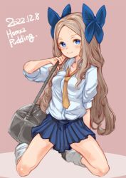 Rule 34 | 1girl, alternate costume, asakaze (kancolle), bag, blue bow, blue eyes, blue skirt, bow, collared shirt, commentary request, dress shirt, forehead, highres, kantai collection, light brown hair, long hair, long sleeves, looking at viewer, loose socks, necktie, parted bangs, pleated skirt, puddinghomhom, school bag, school uniform, shirt, sidelocks, skirt, socks, solo, wavy hair, white shirt, white socks, yellow necktie