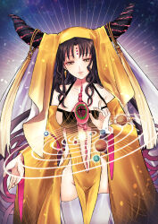 Rule 34 | 1girl, black dress, black hair, black horns, black sleeves, breasts, closed mouth, clothing cutout, cowboy shot, dangle earrings, dress, earrings, eyeball, fate/grand order, fate (series), forehead tattoo, gold earrings, gradient dress, gradient sleeves, groin, horn ornament, horn ring, horns, jewelry, large breasts, long hair, long sleeves, looking down, merokonbu0, multicolored hair, multicolored horns, orbital path, parted bangs, pelvic curtain, pink hair, planet, red horns, revealing clothes, sessyoin kiara, sessyoin kiara (beast iii/r), side cutout, sideboob, slit pupils, smile, solar system, solo, space, spiral horn, stomach cutout, streaked hair, tassel, thighhighs, very long hair, white thighhighs, wide sleeves, yellow dress, yellow eyes, yellow sleeves, yellow veil
