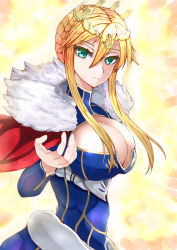 Rule 34 | 1girl, absurdres, armor, armored dress, artoria pendragon (all), artoria pendragon (fate), artoria pendragon (lancer) (fate), bad id, bad pixiv id, blonde hair, blue dress, blush, braid, breasts, bursting breasts, cape, cleavage, cleavage cutout, closed mouth, clothing cutout, cross, crown, dress, fate/grand order, fate (series), french braid, fur-trimmed cape, fur trim, gloves, green eyes, hair between eyes, highres, large breasts, long hair, long sleeves, looking at viewer, looking to the side, no bra, outstretched hand, red cape, saber (fate), shiny clothes, sidelocks, sikijou77o, smile, solo, upper body, yellow background