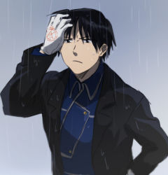 Rule 34 | 1boy, annoyed, black eyes, black hair, coat, frown, fullmetal alchemist, gloves, grey background, hand on own head, looking away, lowres, male focus, rain, riru, roy mustang, shaded face, simple background, solo, uniform, water drop, wet, wet clothes, wet hair