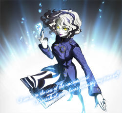 Rule 34 | 1girl, atlus, blue dress, book, card, card with aura, dress, hairband, holding, holding card, lipstick, makeup, margaret, margaret (persona), namakura shiki, persona, persona 4, silver hair, solo, wavy hair, yellow eyes