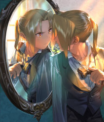 Rule 34 | 1boy, adjusting clothes, ahoge, blonde hair, bow, bowtie, collared shirt, dress shirt, edward elric, emmmerald, formal, frown, fullmetal alchemist, long hair, long sleeves, looking at mirror, male focus, md5 mismatch, mirror, ponytail, reflection, shirt, solo, sunlight, traditional bowtie, twitter username, vest, white shirt, yellow eyes